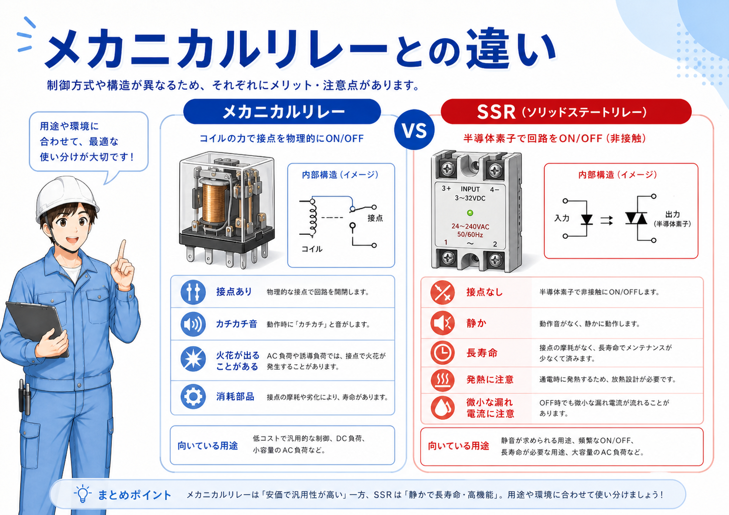 通常リレーとSSRの違いを接点、動作音、摩耗、発熱の視点で比較した図