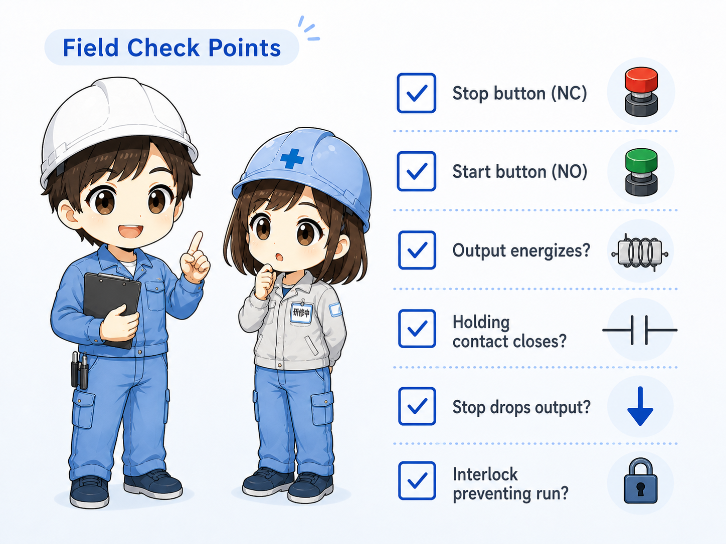 Field check points for troubleshooting a start stop circuit