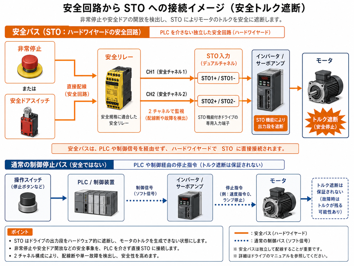 非常停止や安全ドアスイッチから安全リレーを経由してSTO入力へ接続する流れ