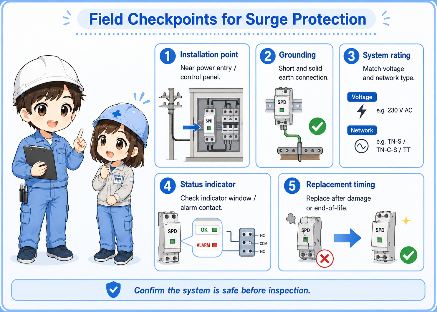 Field checklist for surge protection including SPD indicator, wiring, grounding, and damage patterns