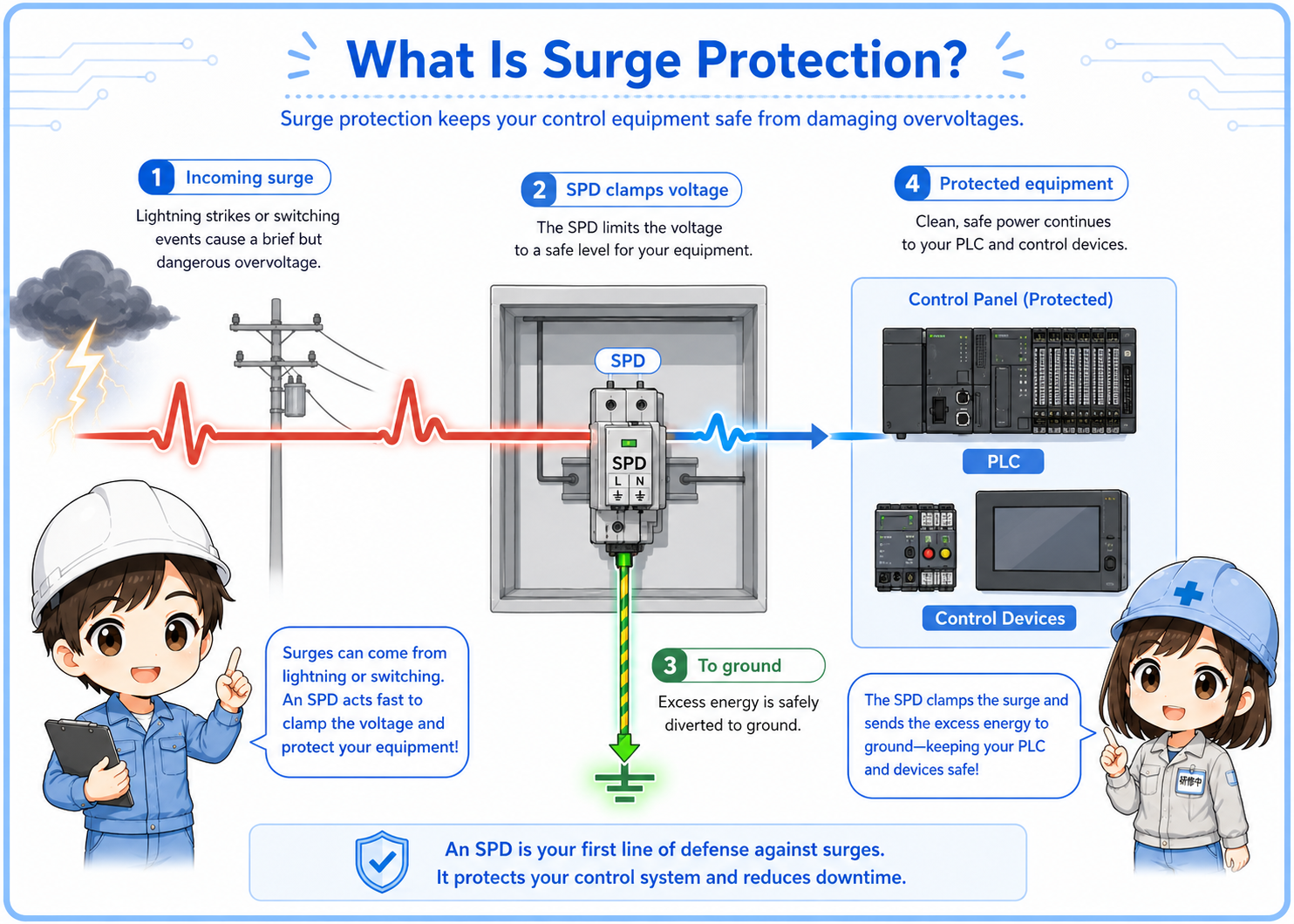 Basic overview of surge protection in a control panel with SPD and grounding path