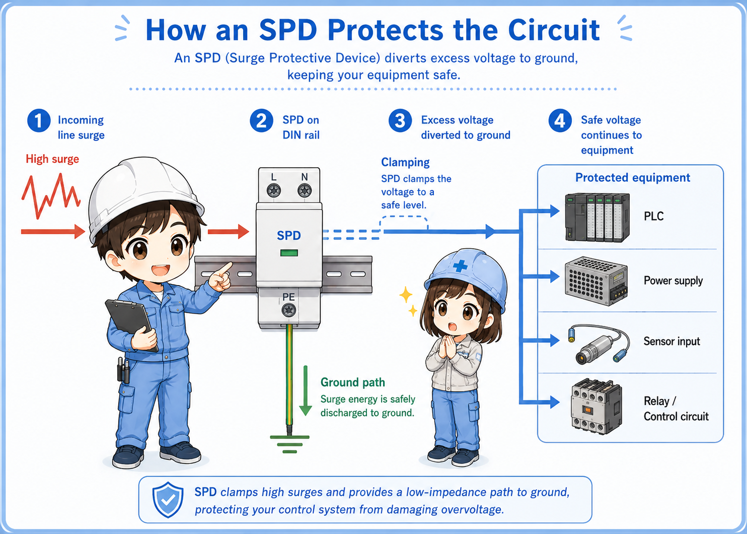 SPD role in a control panel showing normal operation and surge current path to ground