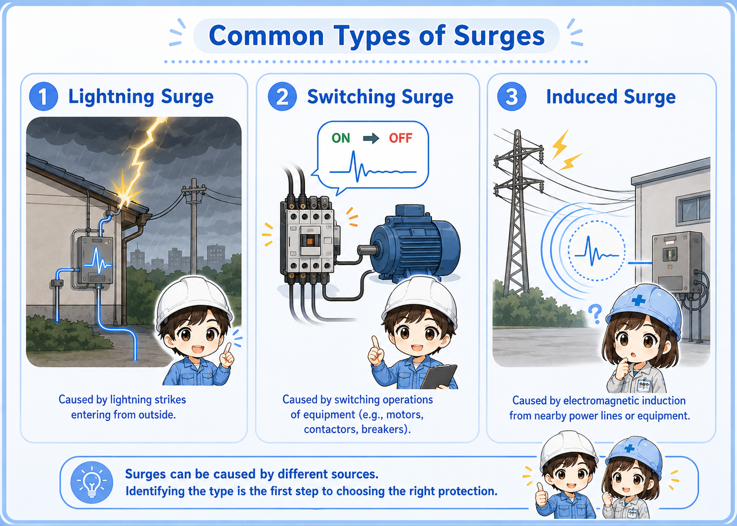 Comparison of lightning surge, switching surge, and signal line surge entering a control panel