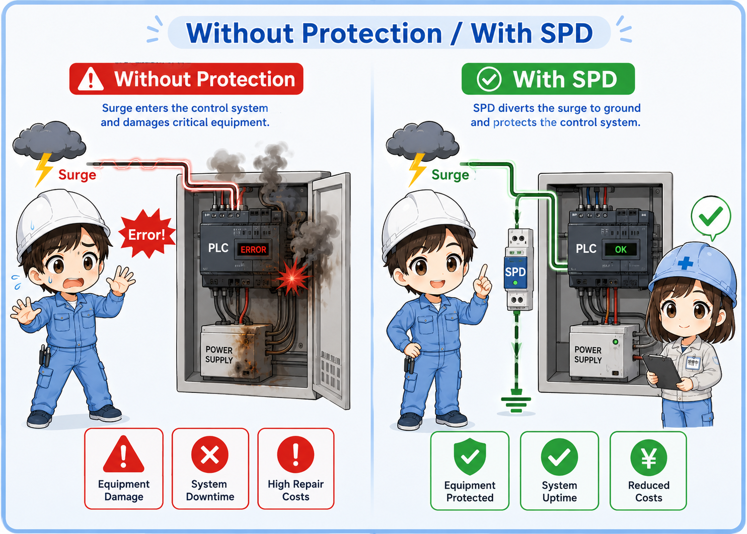 Comparison of a control panel with surge protection and without surge protection