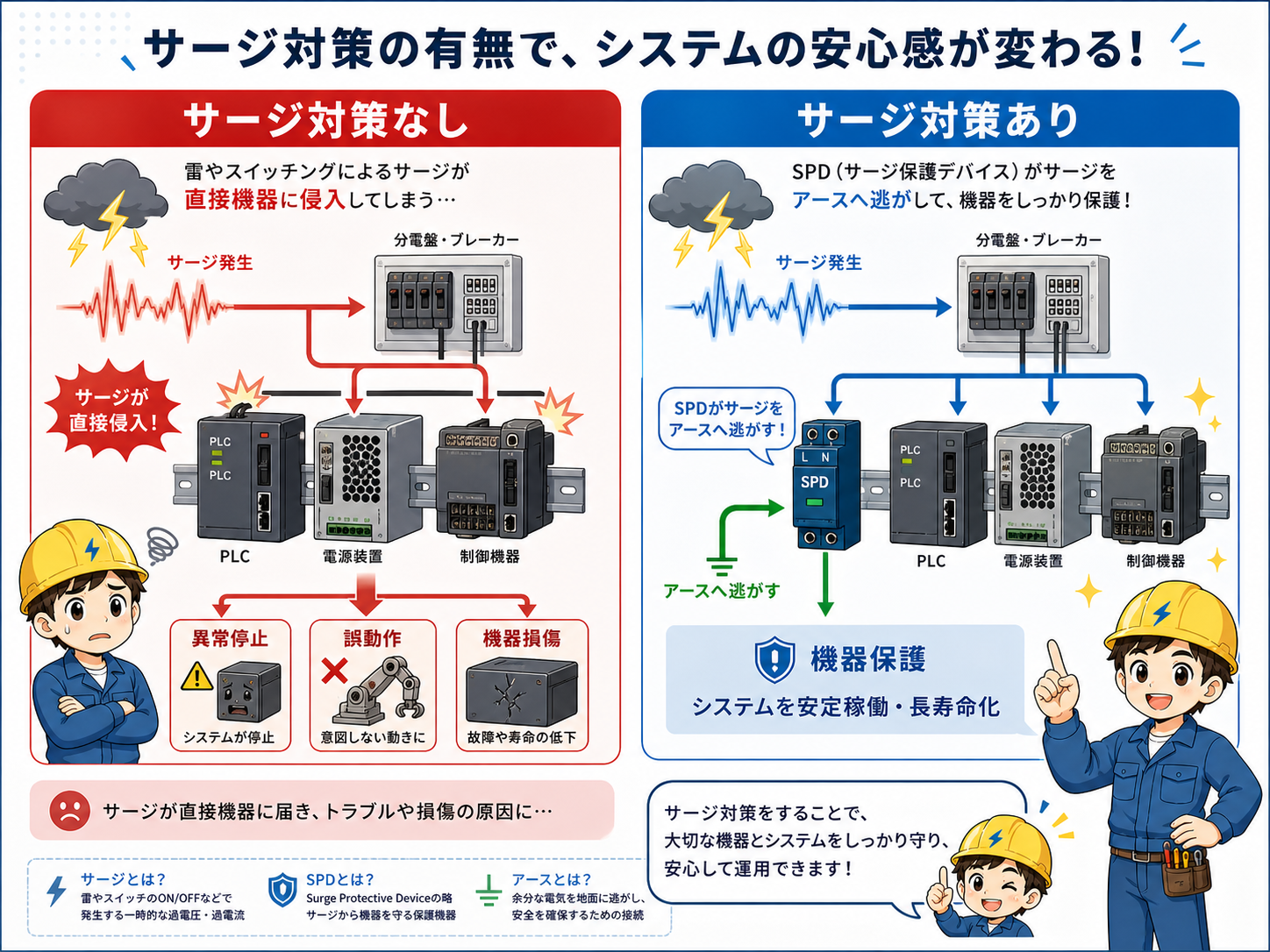 サージ対策なしとサージ対策ありで機器への影響がどう変わるかを比較した図