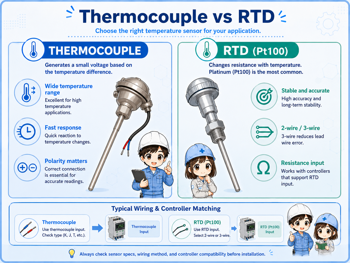 Comparison of thermocouple and RTD temperature sensor principles