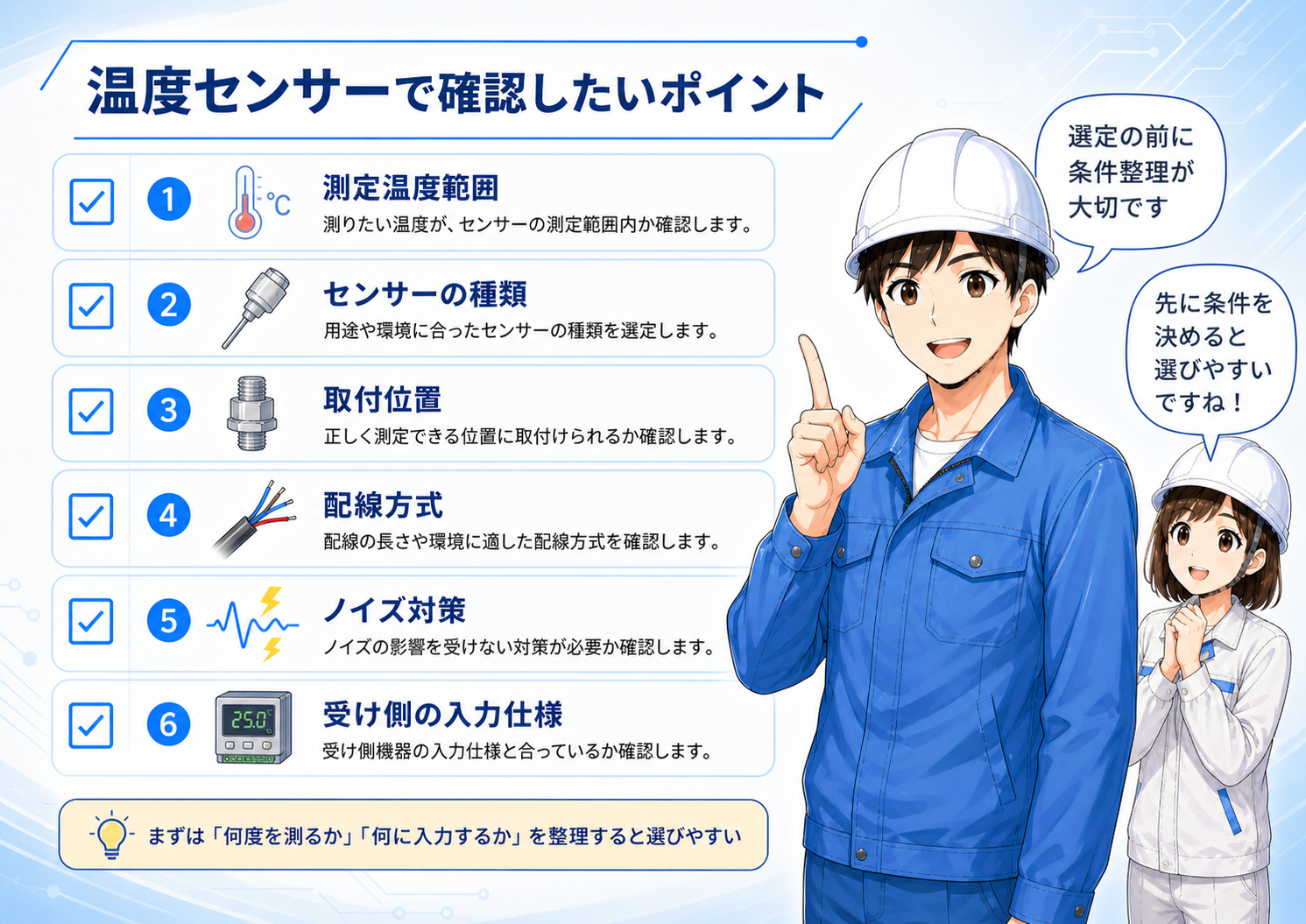 温度センサー選定と接続時の確認ポイントをまとめた図