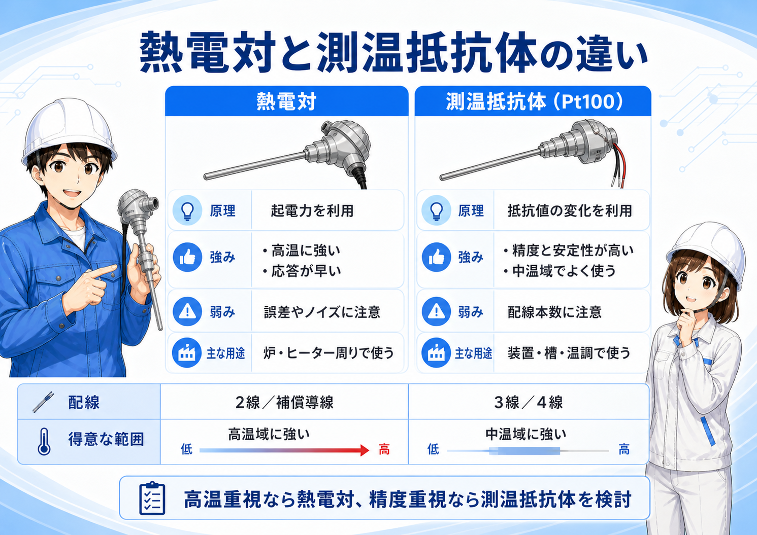 熱電対と測温抵抗体Pt100の違いを比較した図