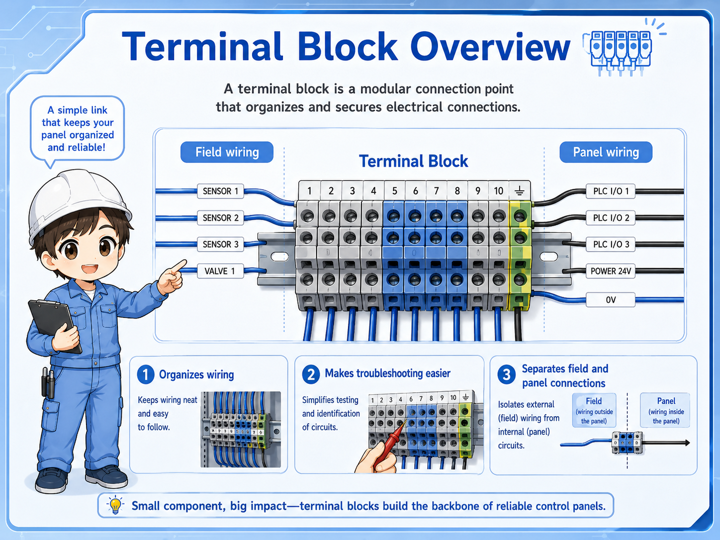 Overview of a terminal block connecting field wiring and panel wiring inside a control panel