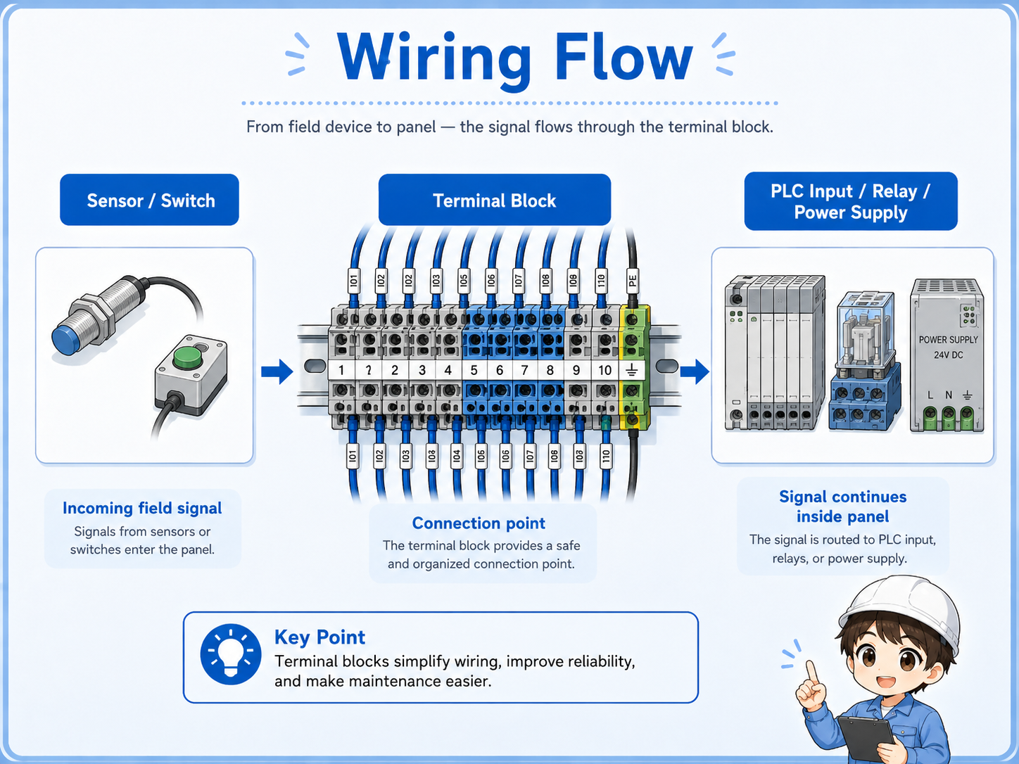 Wiring flow from field devices through a terminal block to PLC inputs, relays, and power supply inside a control panel