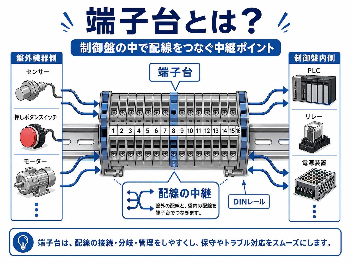 制御盤の端子台と盤外機器・盤内機器の接続イメージ