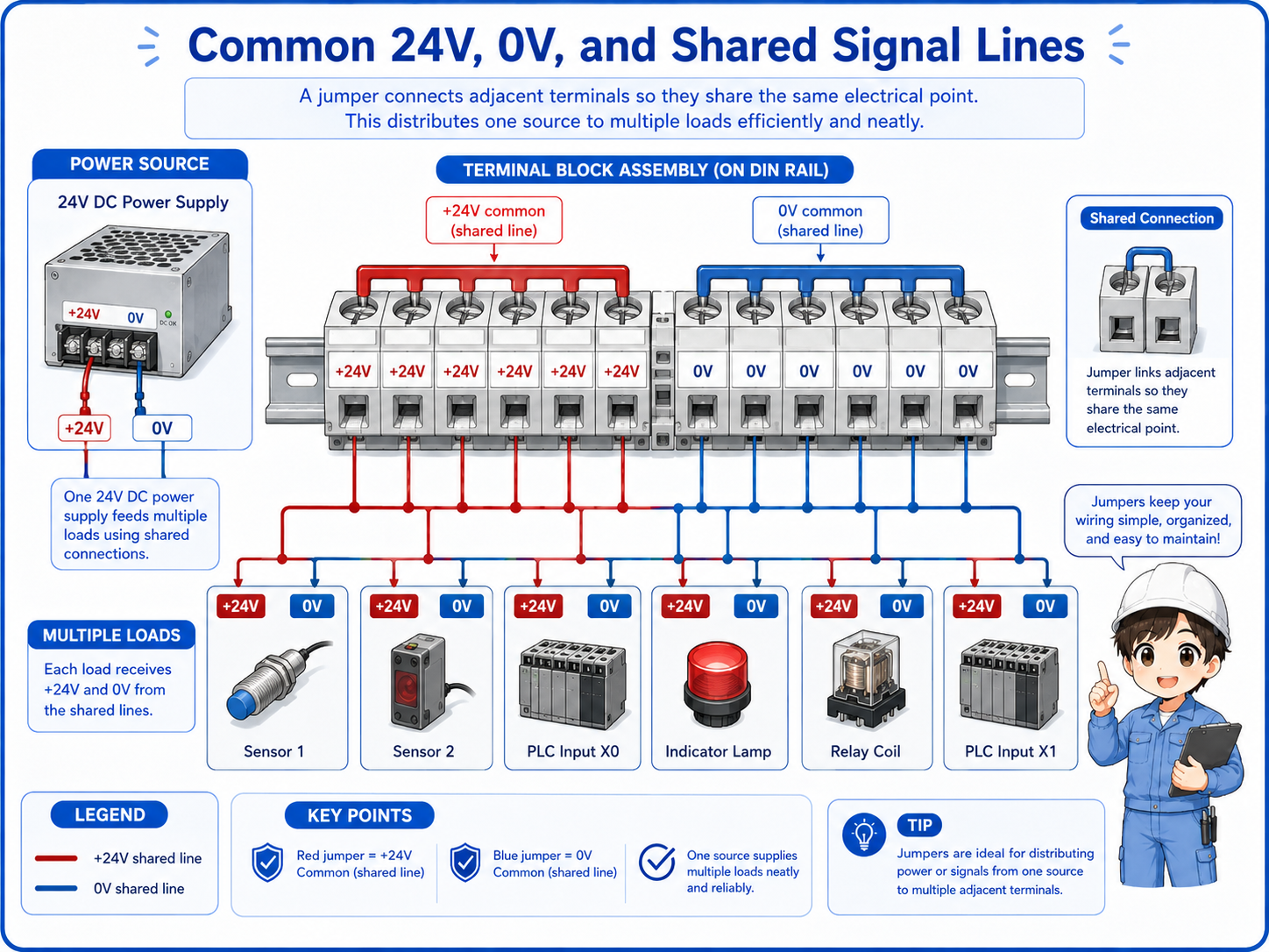 Common 24V and 0V lines distributed through terminal block jumpers to multiple devices
