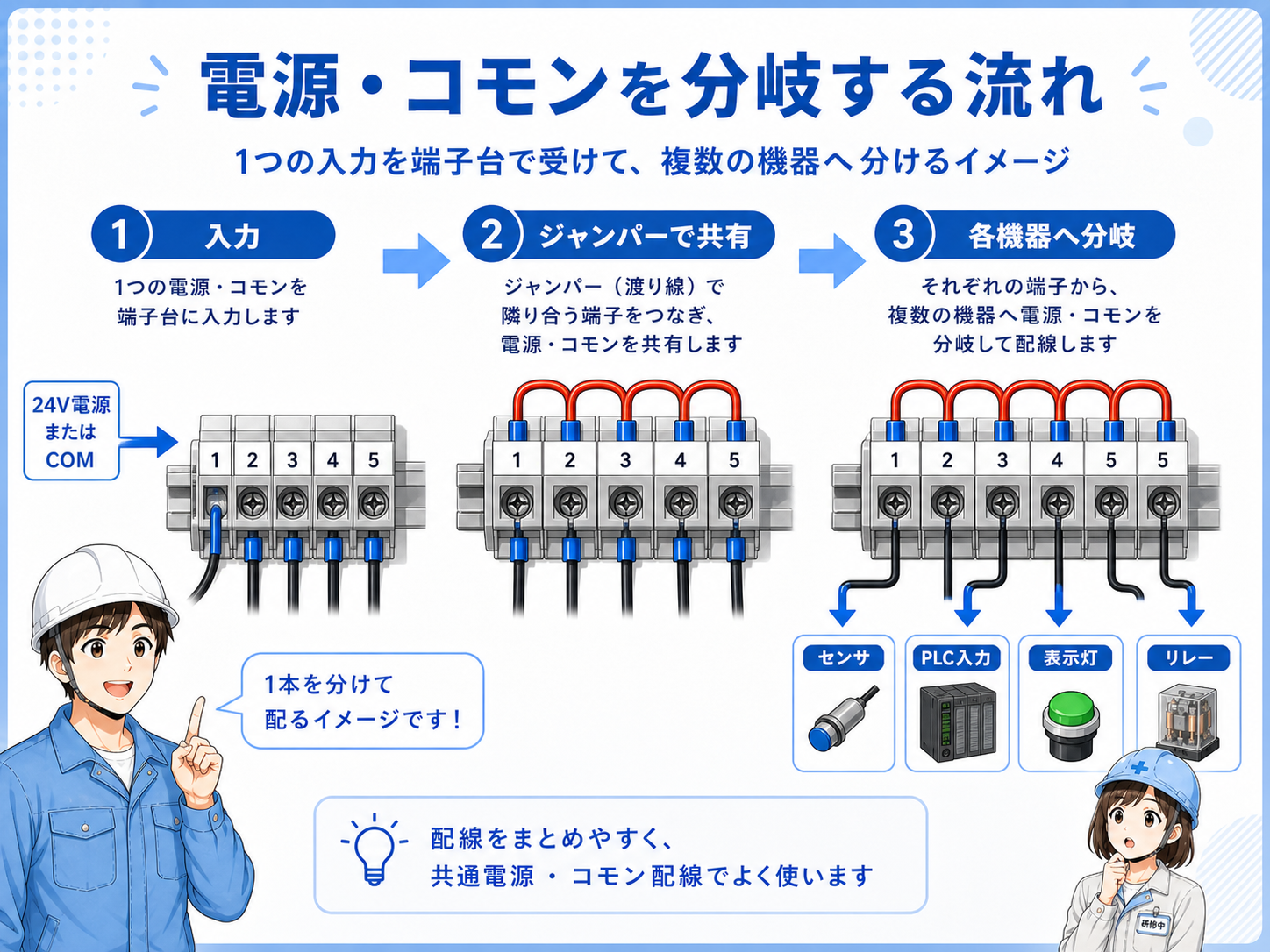 電源から端子台へ入り、渡り線やジャンパーで複数の負荷へ分岐する流れを示した図