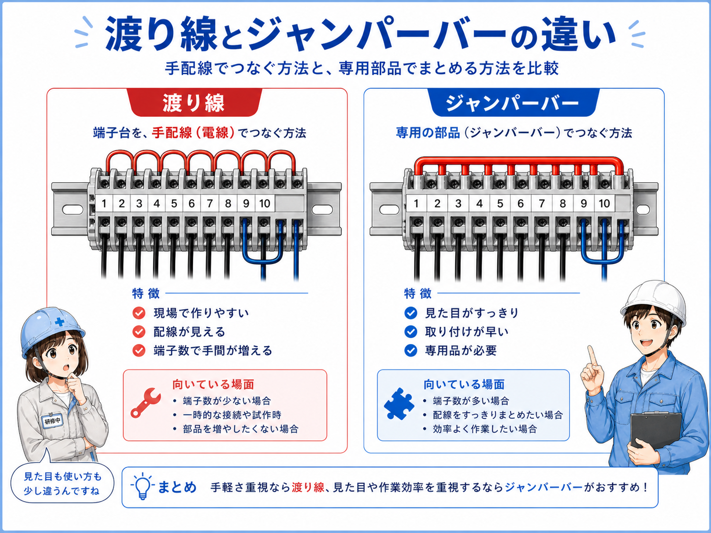 短い電線で渡す渡り線と、専用金属バーで渡すジャンパーバーの違いを比較した図