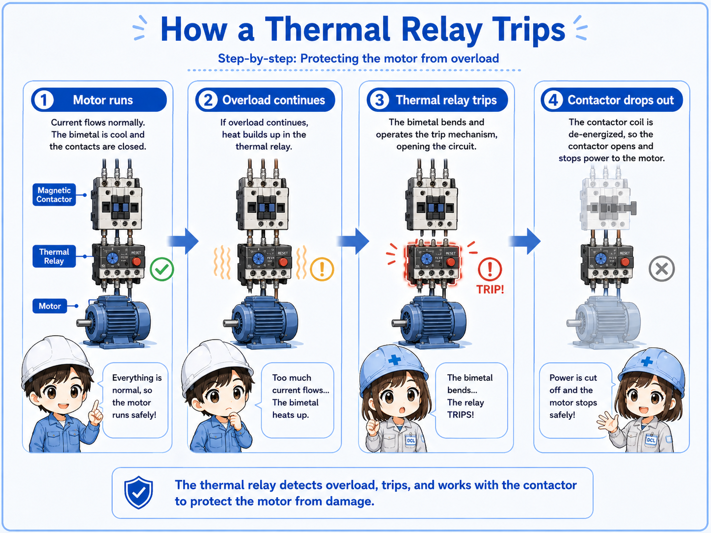 Thermal relay overload trip flow from motor current to contactor dropout