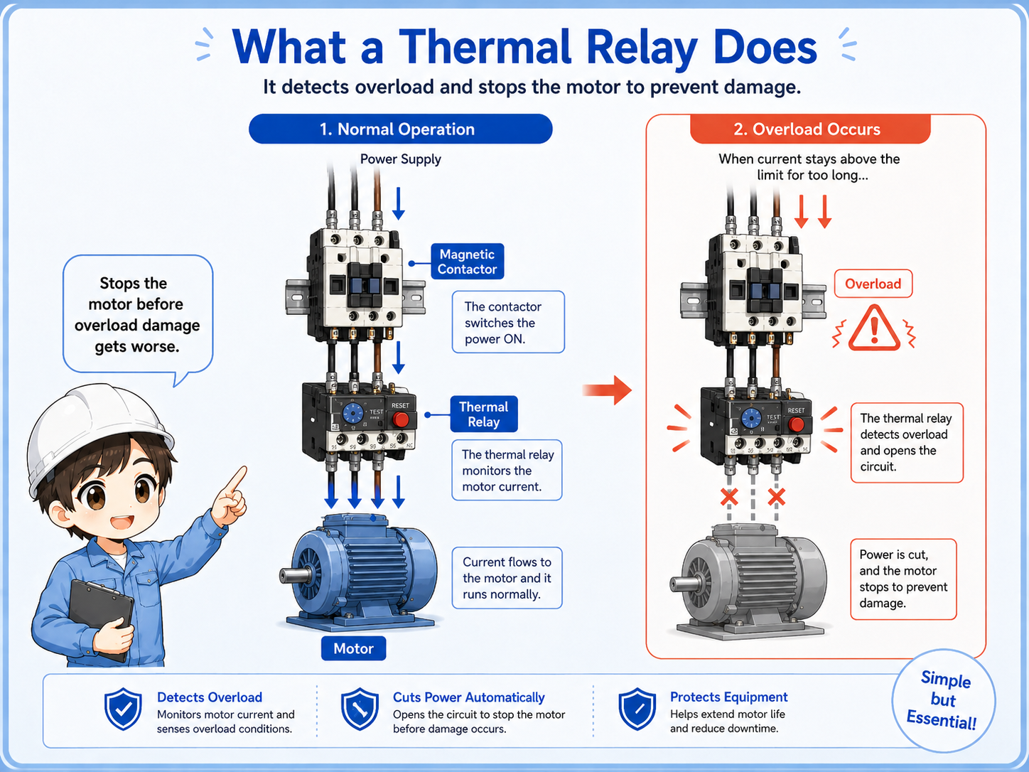 Basic overview of a thermal relay protecting a motor from overload