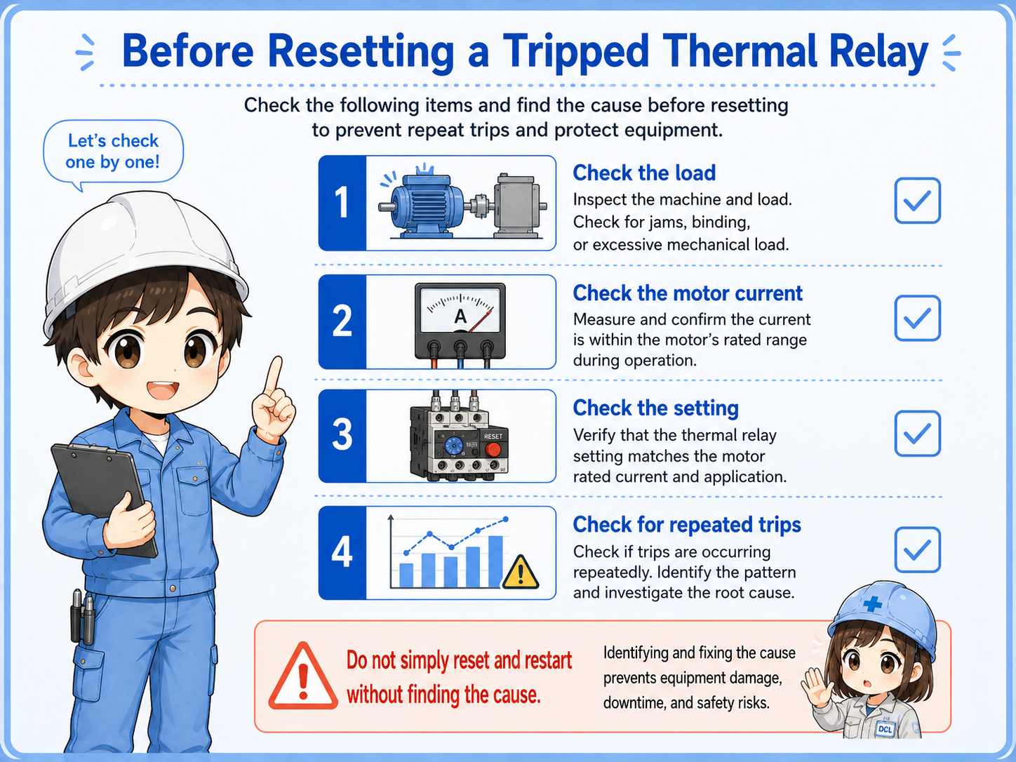Field checks before resetting a tripped thermal relay