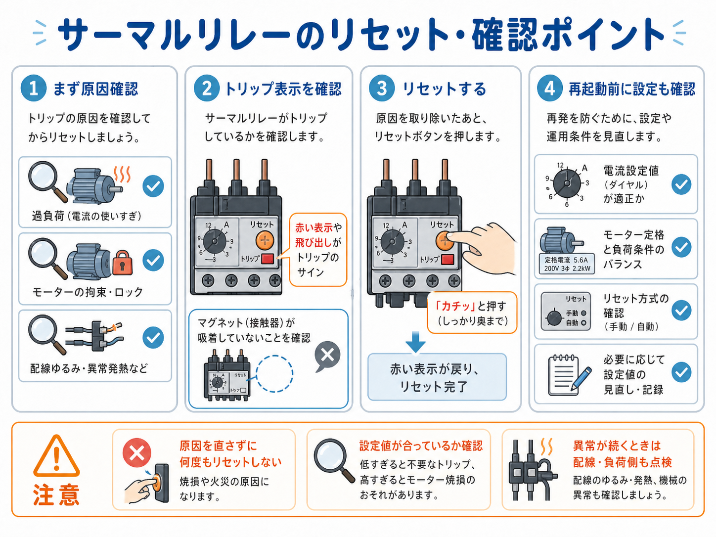 サーマルリレーのリセットと確認ポイント