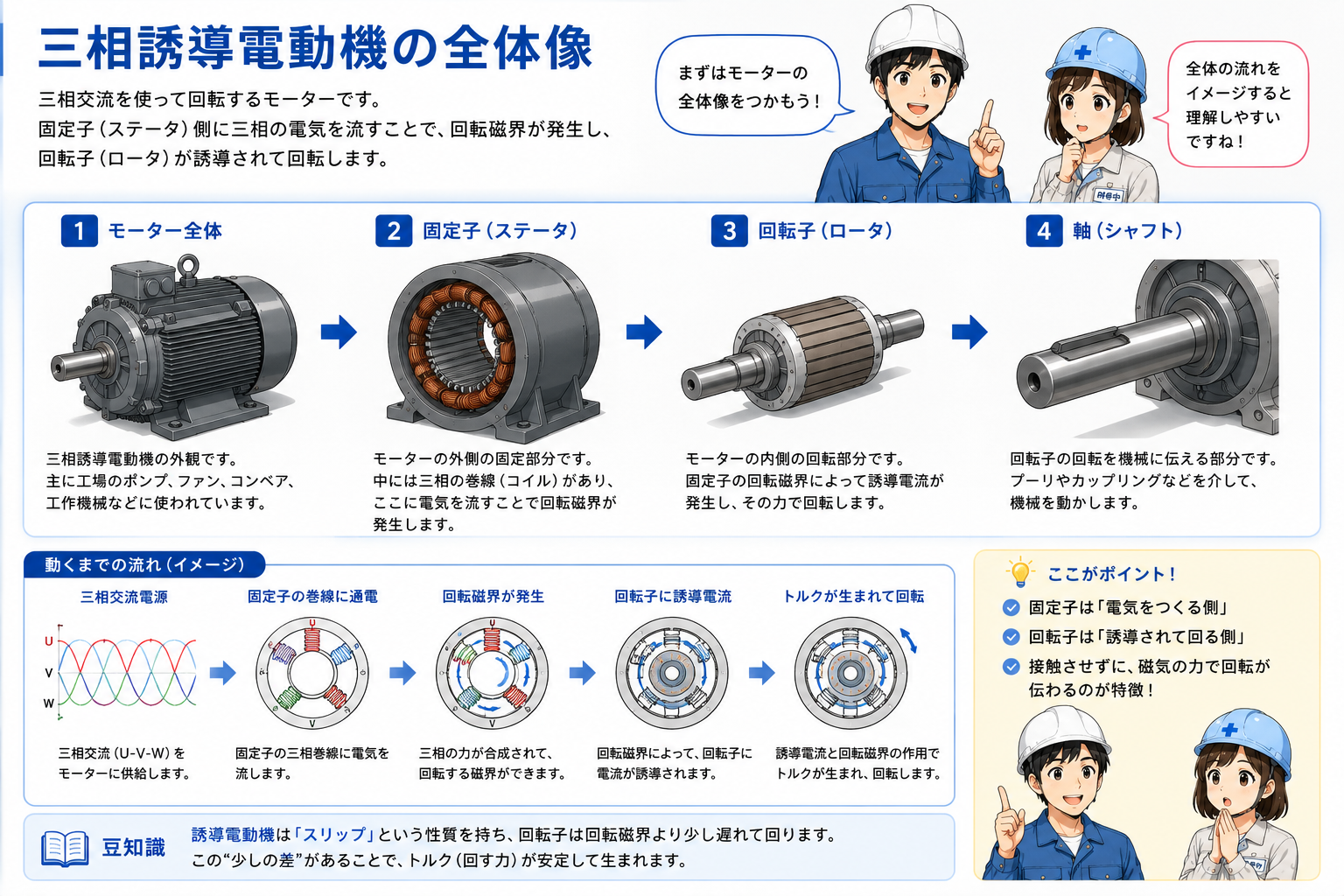 三相誘導電動機の全体像を固定子と回転子に分けて示す概念図