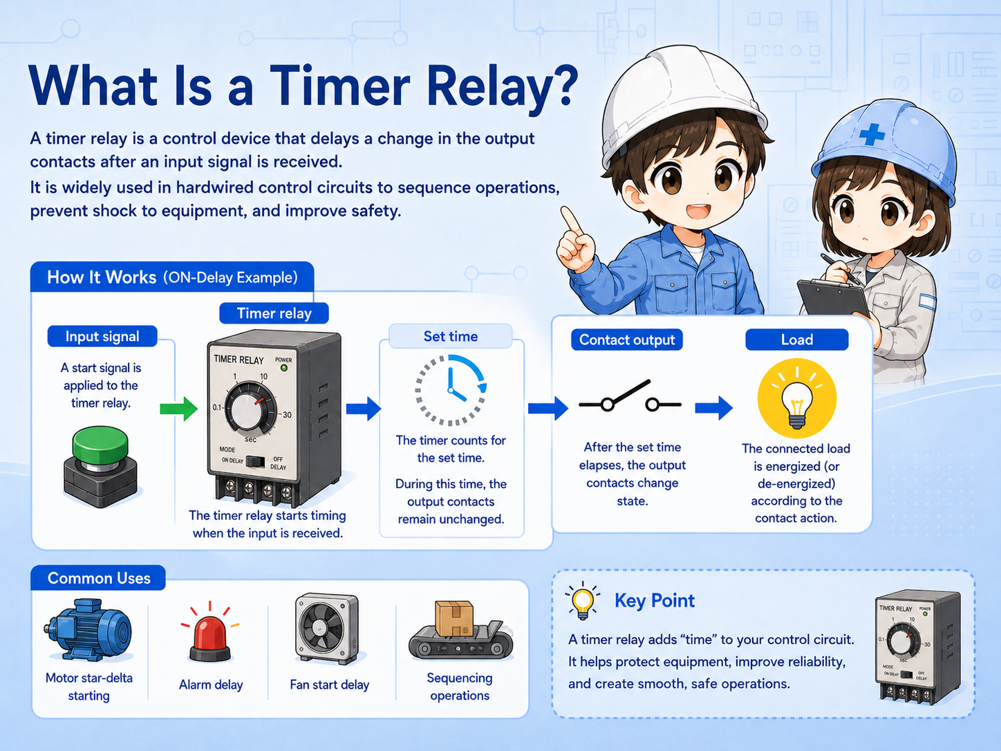 Timer relay overview showing input signal, timer unit, and delayed contact output