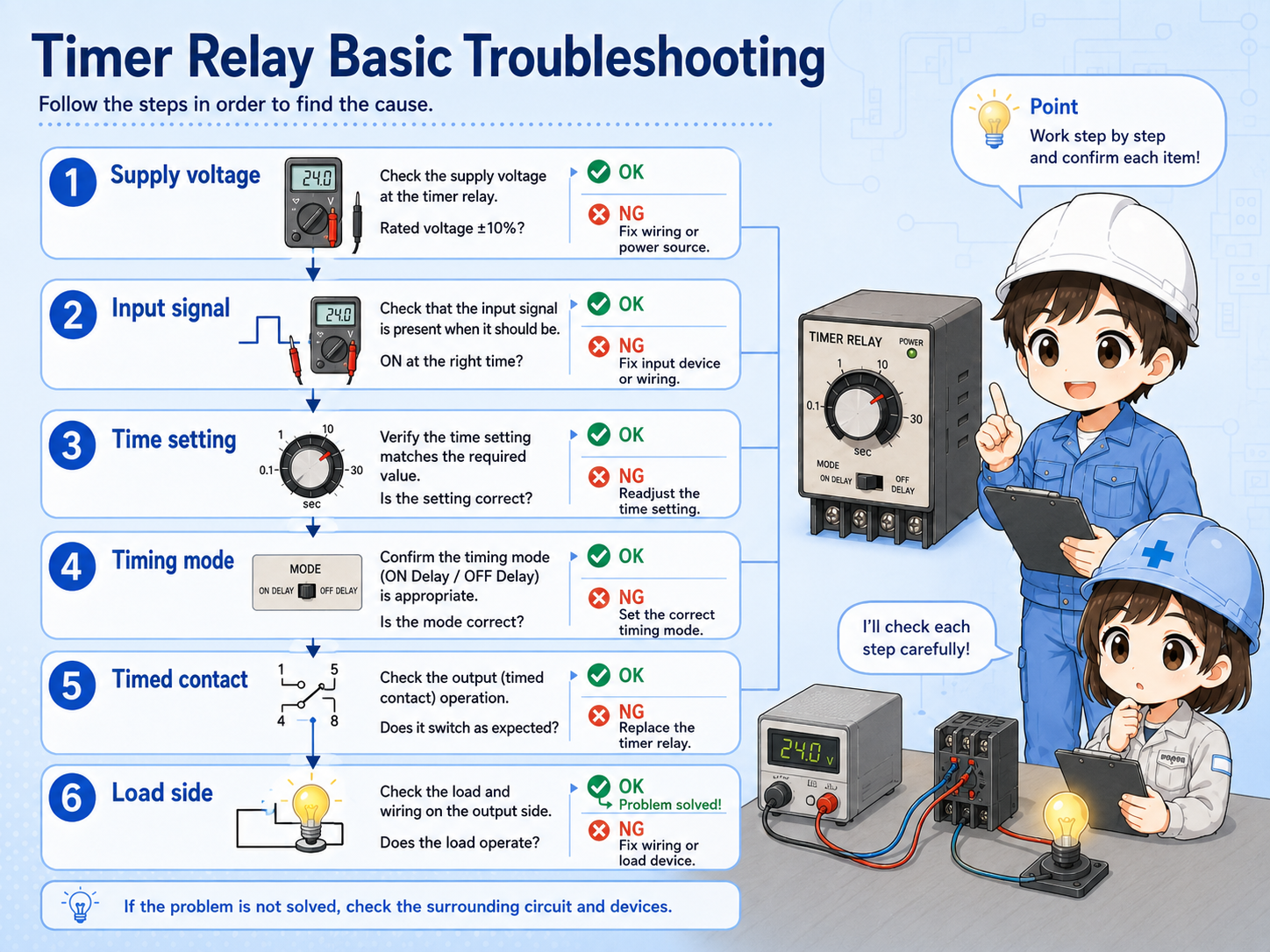 Timer relay troubleshooting flow for supply, setting, timing, contacts, and load side