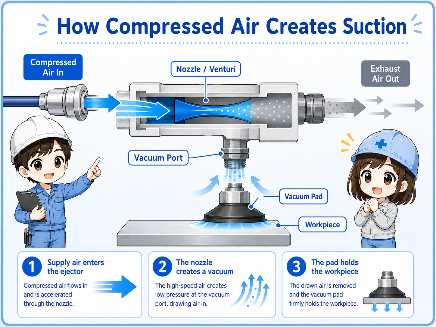 Compressed air flow through a vacuum ejector and suction flow from the vacuum pad