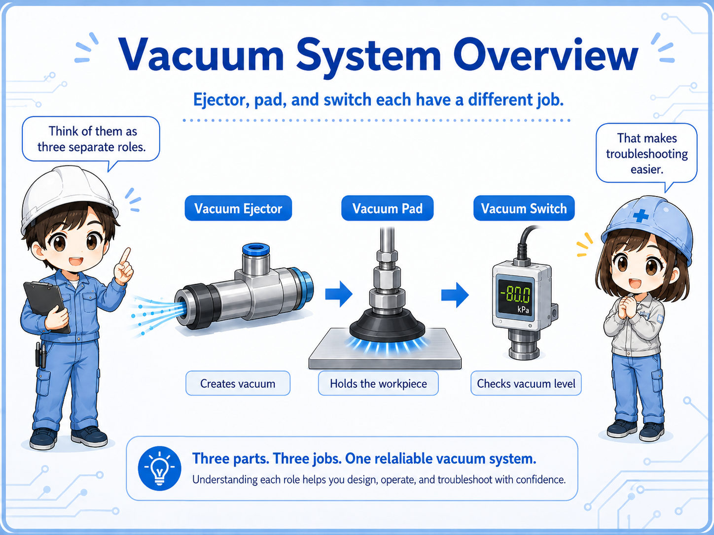 Overview of a vacuum ejector, vacuum pad, workpiece, and vacuum switch