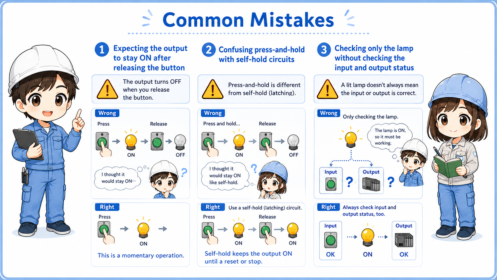 Common mistakes in press-and-hold circuits including confusing it with self-holding and missing input monitor checks