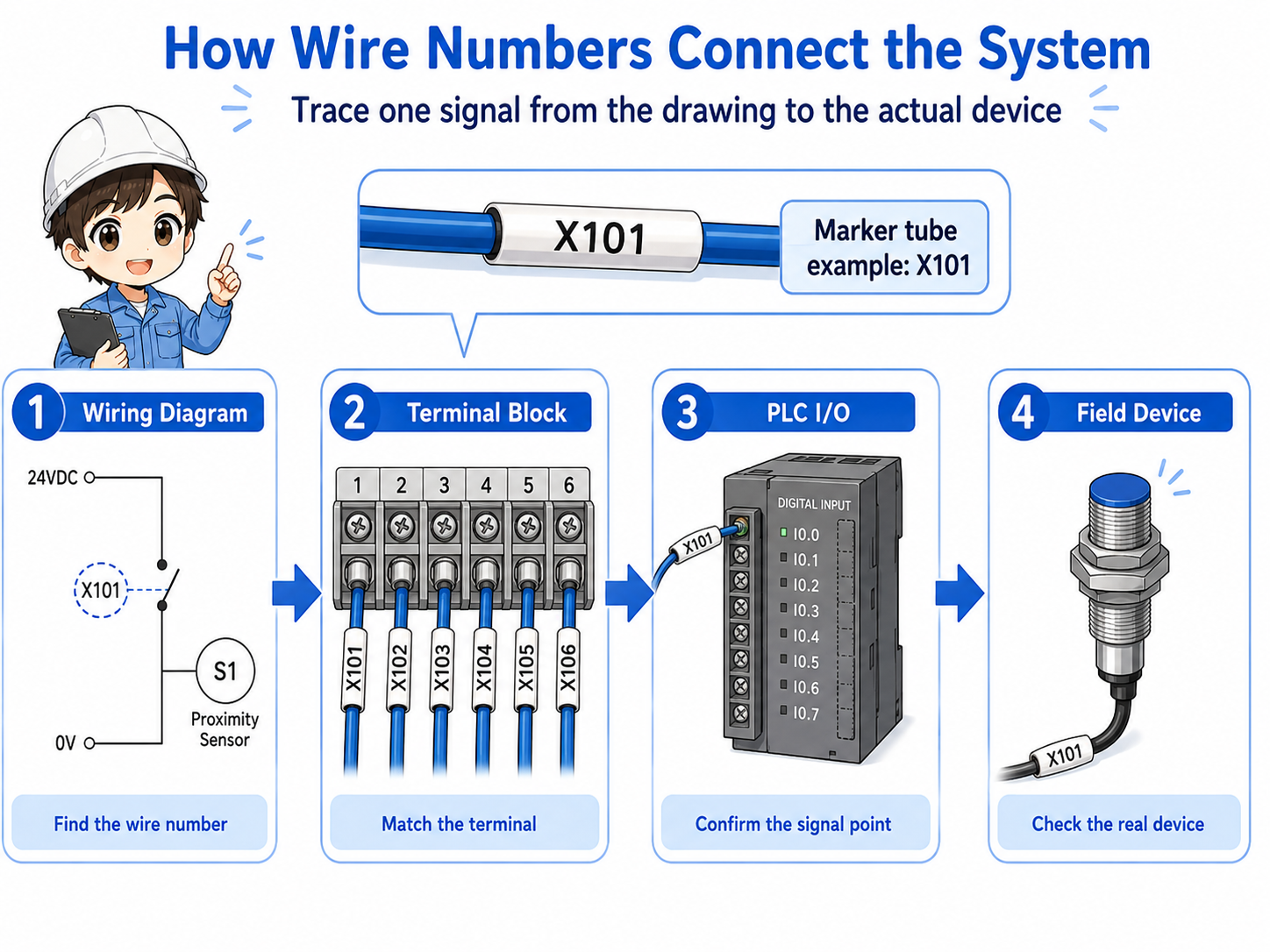 Flow showing how wire numbers connect drawings, terminal blocks, PLC I/O, and field devices