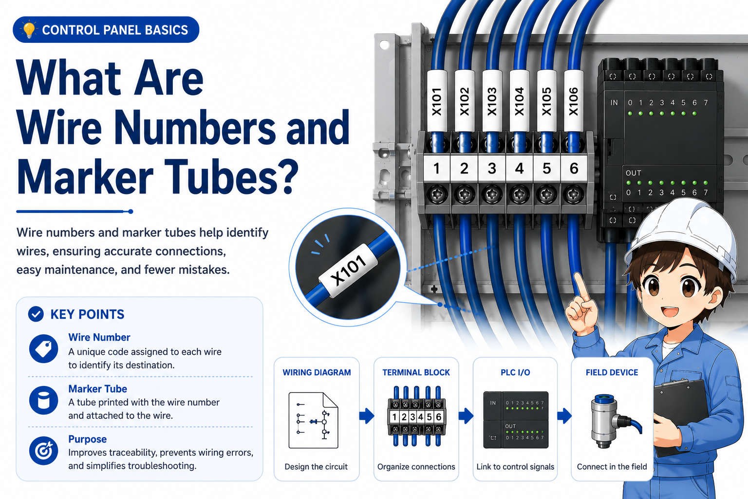 Field check flow for wire numbers and marker tubes including missing, wrong, unreadable, and inconsistent markers