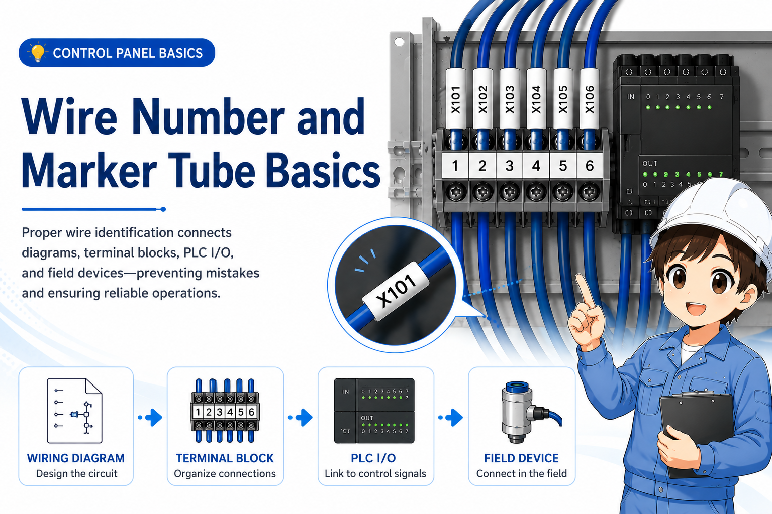 Overview of wire numbers and marker tubes used to identify control panel wiring