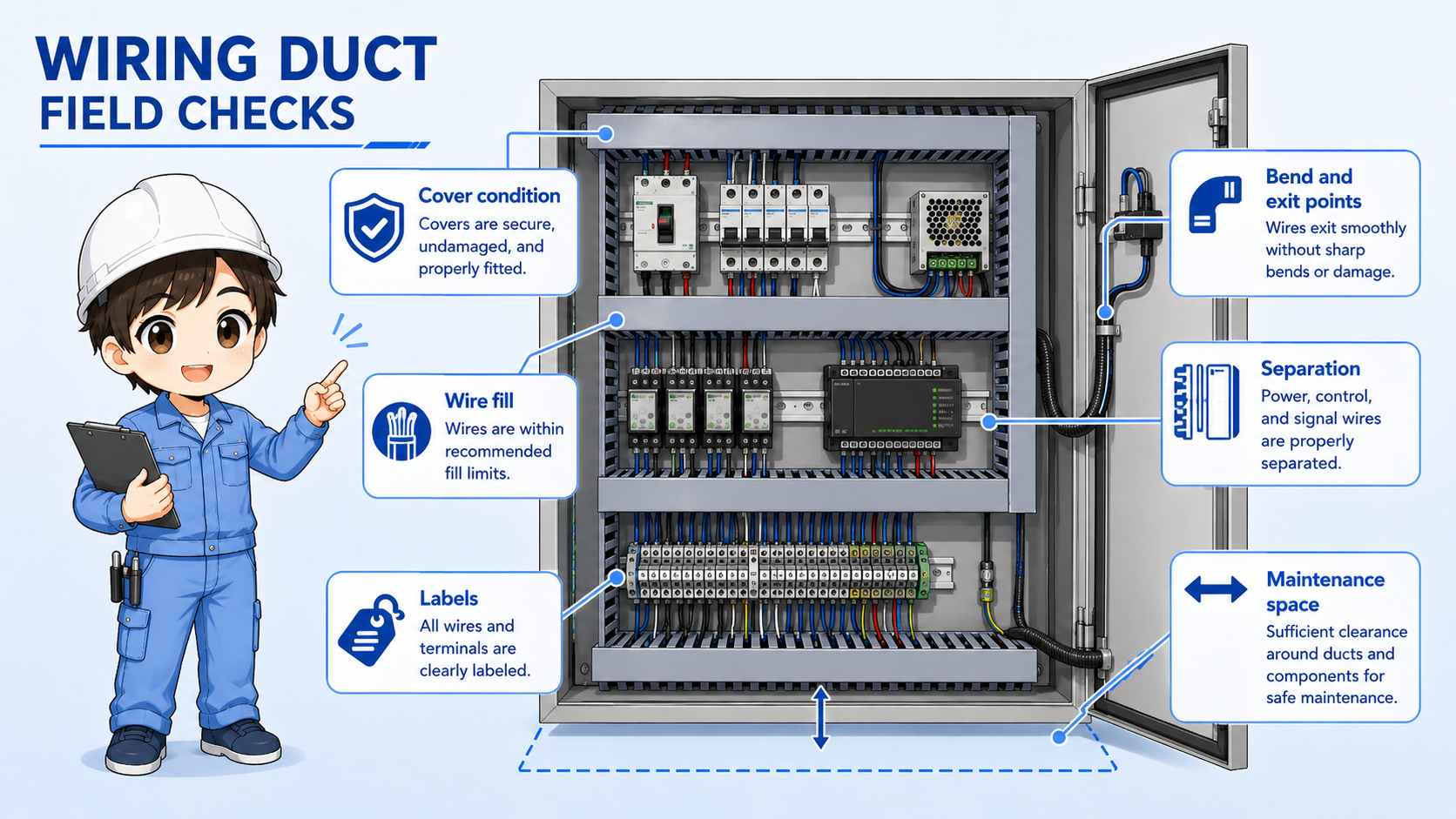 Field check points for wiring ducts including cover, fill, wire bends, separation, labels, and maintenance space
