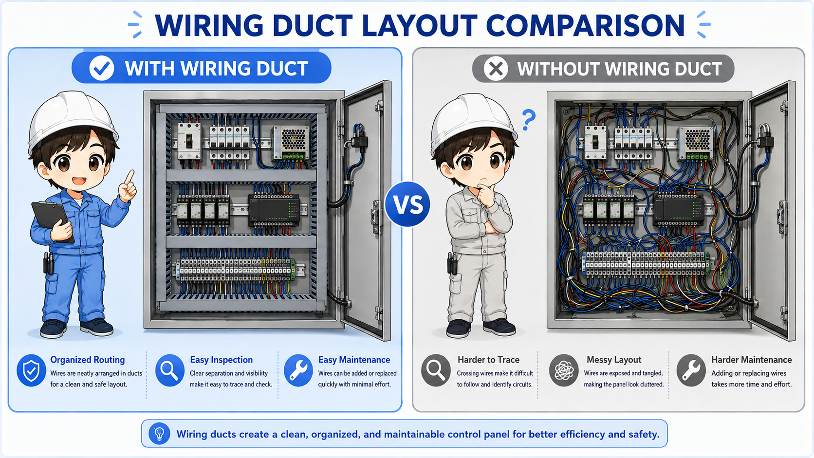 Comparison of a control panel layout with wiring ducts and a messy layout without planned wire routing