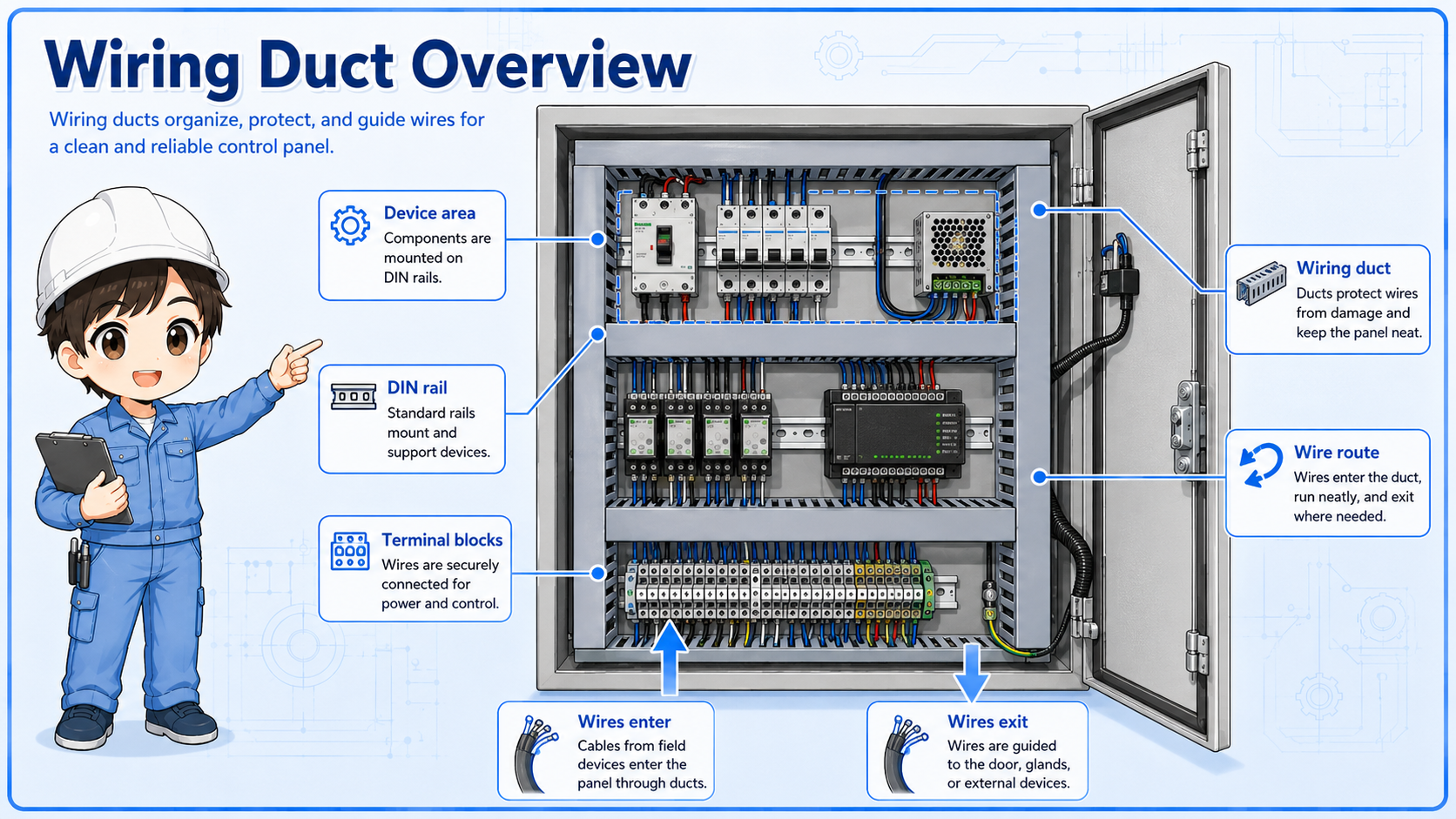 Overview of wiring ducts organizing wires around DIN rails and terminal blocks inside a control panel